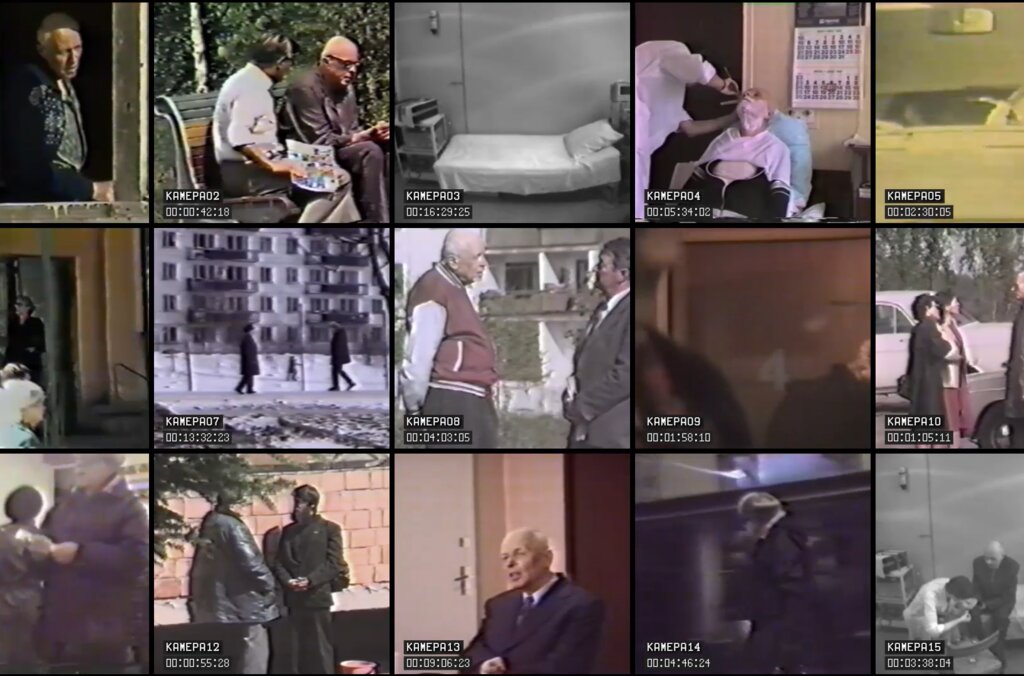 Stillbild från videoverket Sacharov under övervakning. Collage av övervakningskameror som övervakar Andrej Sacharov