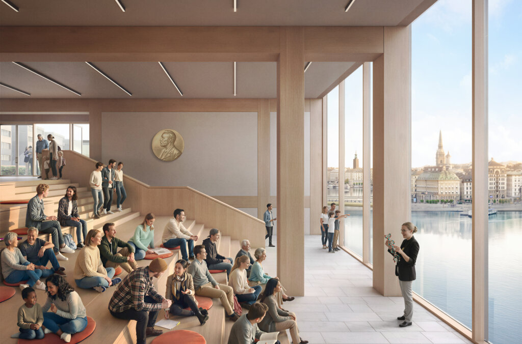 Övre plan med inramade vyer mot skärgården och staden