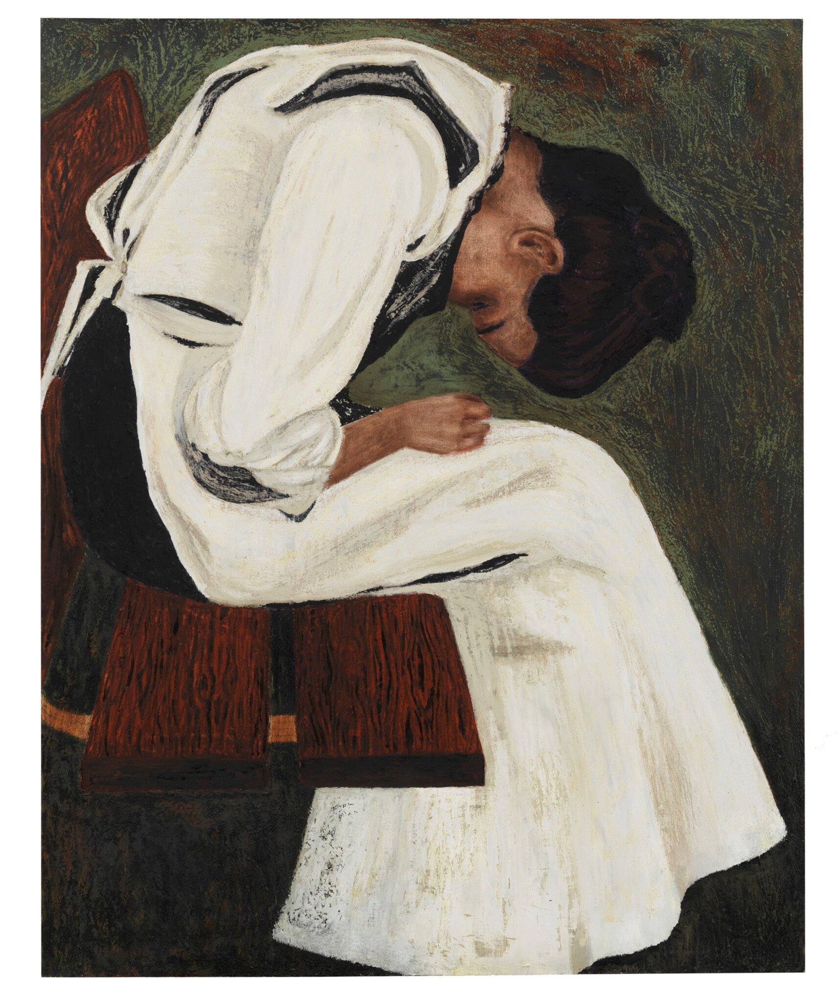 Målning, person sitter framåtböjd på bänk.