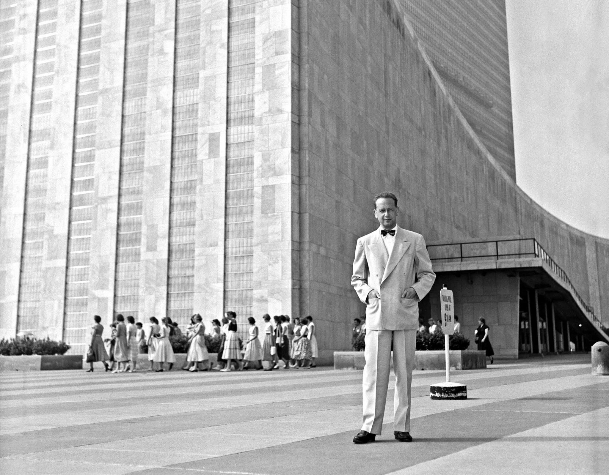 Dag Hammarskjold outside the UN building.